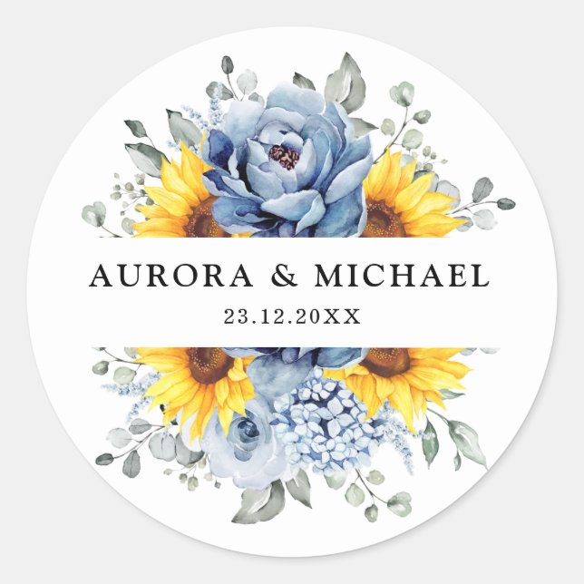 Sunflower Dusty Blue Slate Peony Floral Wedding  Classic Round Sticker (Front)