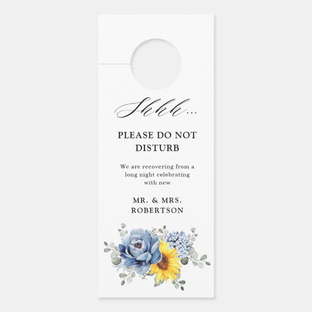 Sunflower Dusty Blue Slate Peony Floral Wedding Door Hanger (Front)