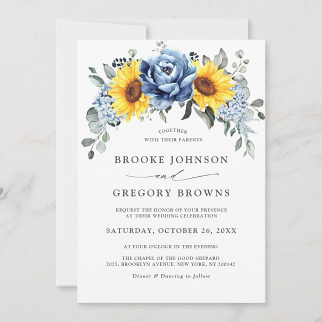 Sunflower Dusty Blue Slate Peony Floral Wedding Invitation (Front)