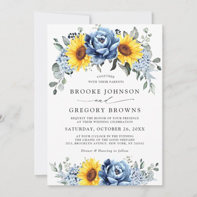 Sunflower Dusty Blue Slate Peony Floral Wedding Invitation (Front)