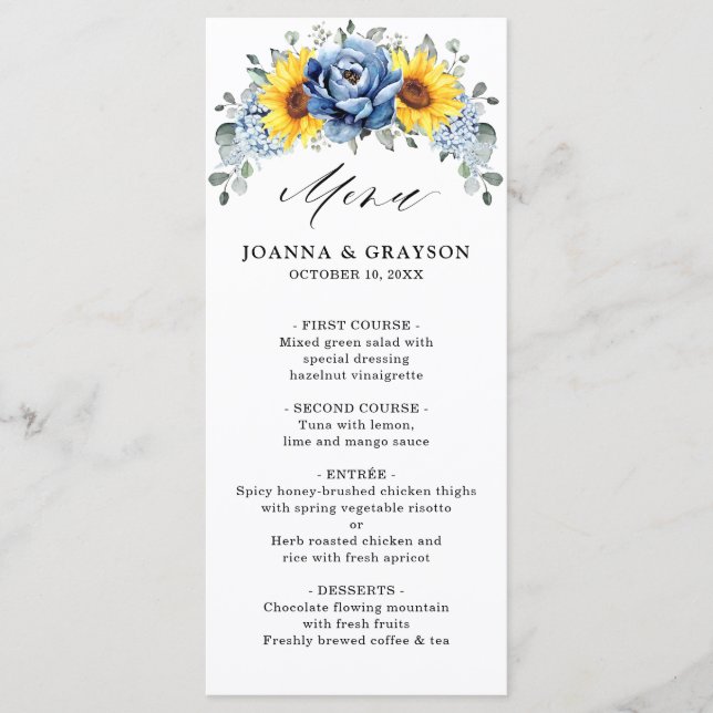 Sunflower Dusty Blue Slate Peony Floral Wedding Menu (Front)