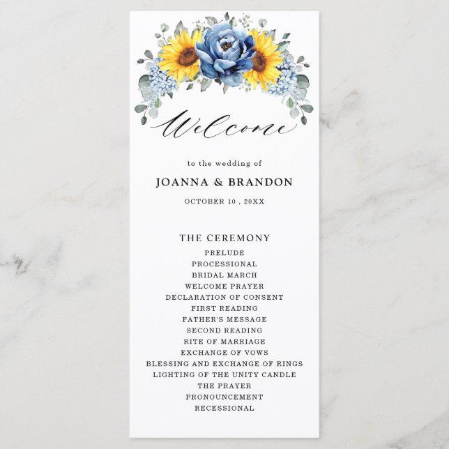 Sunflower Dusty Blue Slate Peony Floral Wedding Programme (Front)