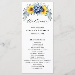 Sunflower Dusty Blue Slate Peony Floral Wedding Programme