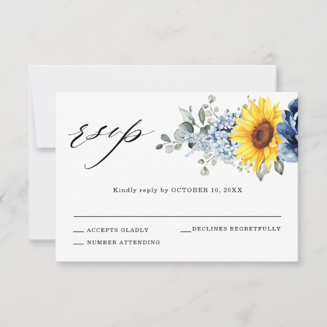 Sunflower Dusty Blue Slate Peony Floral Wedding RSVP Card (Front)