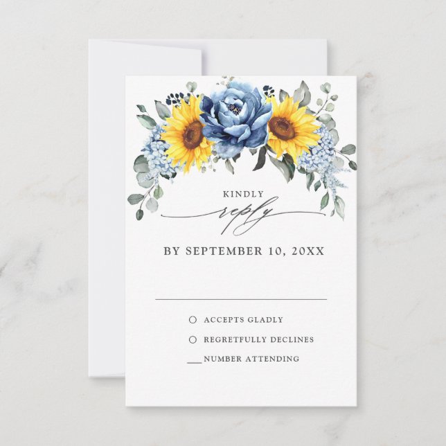 Sunflower Dusty Blue Slate Peony Floral Wedding RSVP Card (Front)