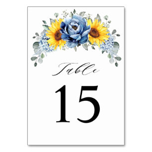 Sunflower Dusty Blue Slate Peony Floral Wedding Table Number