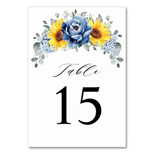 Sunflower Dusty Blue Slate Peony Floral Wedding Table Number (Front)