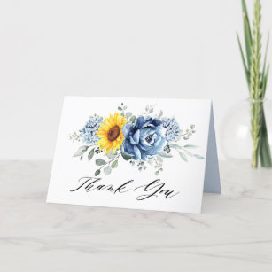 Sunflower Dusty Blue Slate Peony Floral Wedding Thank You Card