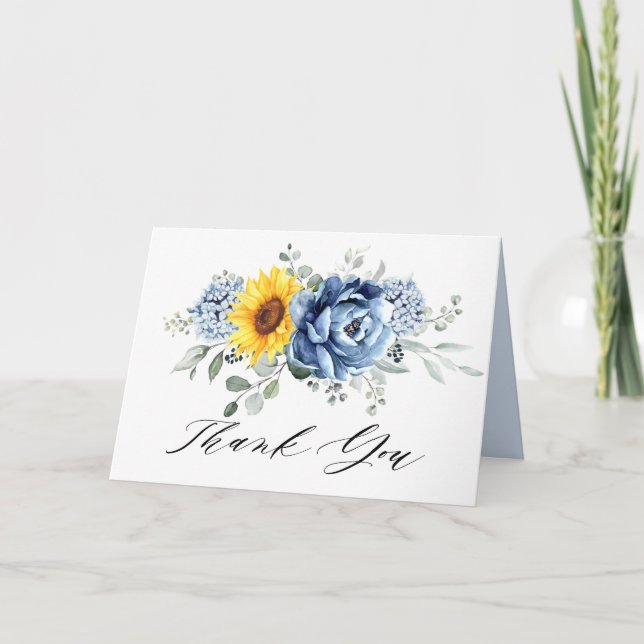 Sunflower Dusty Blue Slate Peony Floral Wedding Thank You Card (Front)