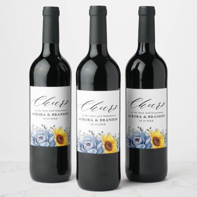 Sunflower Dusty Blue Slate Peony Floral Wedding Wine Label (Bottles)