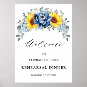 Sunflower Dusty Blue Slate Peony  Rehearsal Dinner Poster