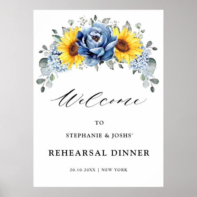 Sunflower Dusty Blue Slate Peony  Rehearsal Dinner Poster (Front)
