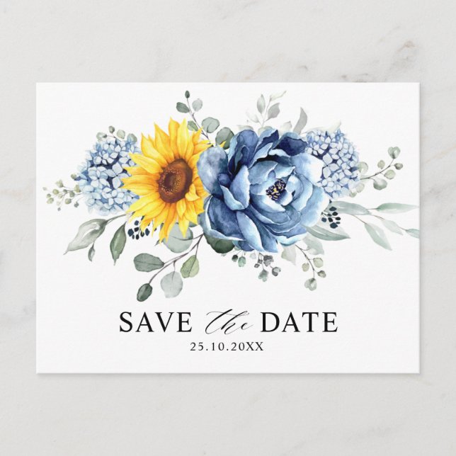 Sunflower Dusty Blue Slate Peony Save the Date Postcard (Front)