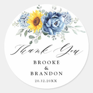 Sunflower Dusty Blue Slate Peony Thank you Classic Round Sticker