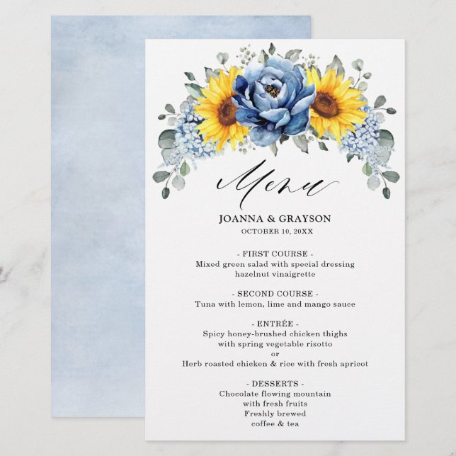 Sunflower Dusty Blue Slate Peony  Wedding  Menu    (Front/Back)