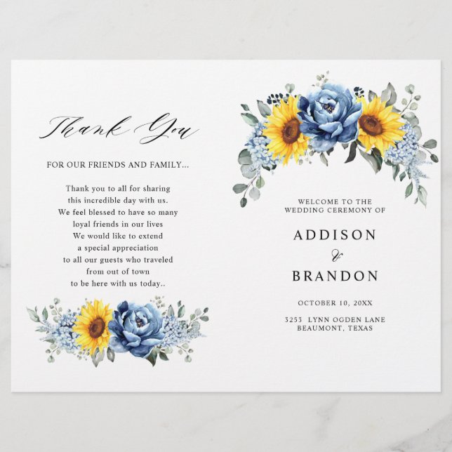 Sunflower Dusty Blue Slate Peony Wedding Program (Front)
