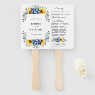 Sunflower Dusty Blue Slate Peony Wedding Program Hand Fan