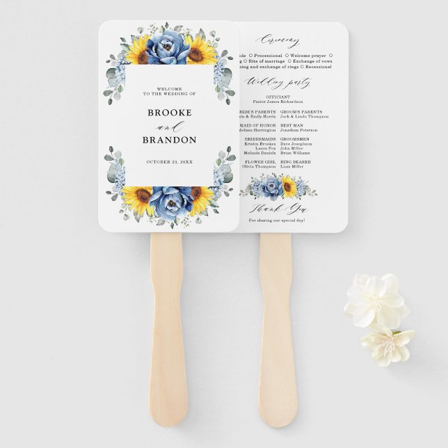 Sunflower Dusty Blue Slate Peony Wedding Program Hand Fan (Front and Back)