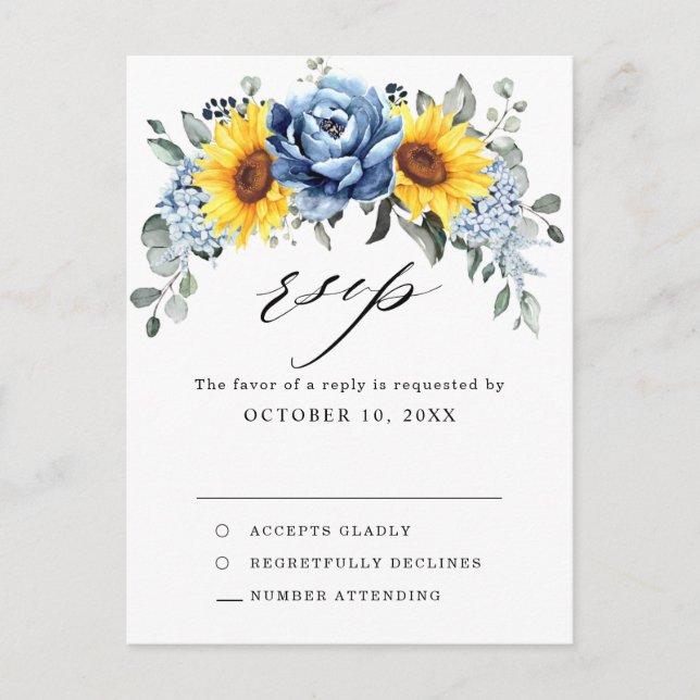 Sunflower Dusty Blue Slate Peony Wedding RSVP Postcard (Front)