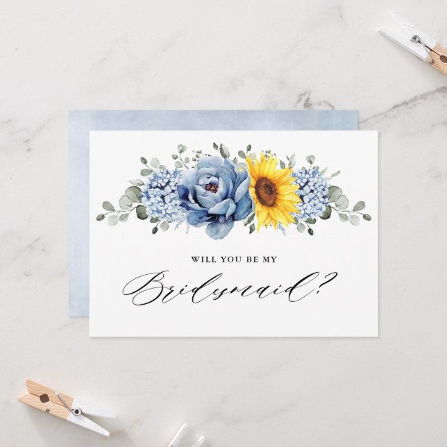Sunflower Dusty Blue tWill you be my Bridesmaid    Invitation (Front/Back In Situ)