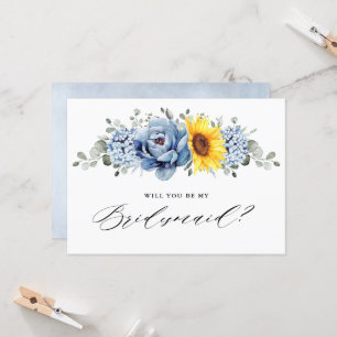 Sunflower Dusty Blue tWill you be my Bridesmaid    Invitation