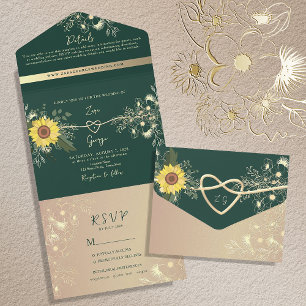Sunflower Elegant Emerald Green Wedding All In One Invitation
