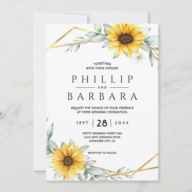 Sunflower Elegant Rustic Geometric Gold Invitation (Front)