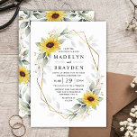 Sunflower Elegant Rustic Geometric Gold Wedding Invitation<br><div class="desc">Design features watercolor greenery,  sunflowers,  printed gold elements and airy botanical leaves over a printed gold coloured geometric frame. The back features a matching airy greenery and sunflower wreath.</div>