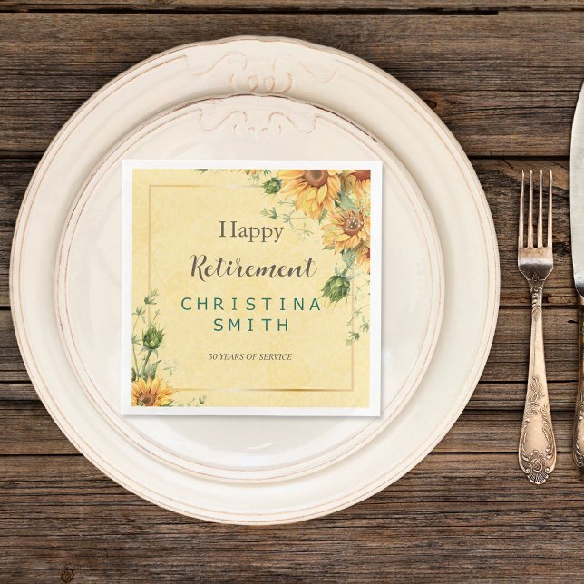 Sunflower Elegant Watercolor Retirement Party Napkin (Sunflower Elegant Watercolor Retirement Party Paper Dinner Napkins)