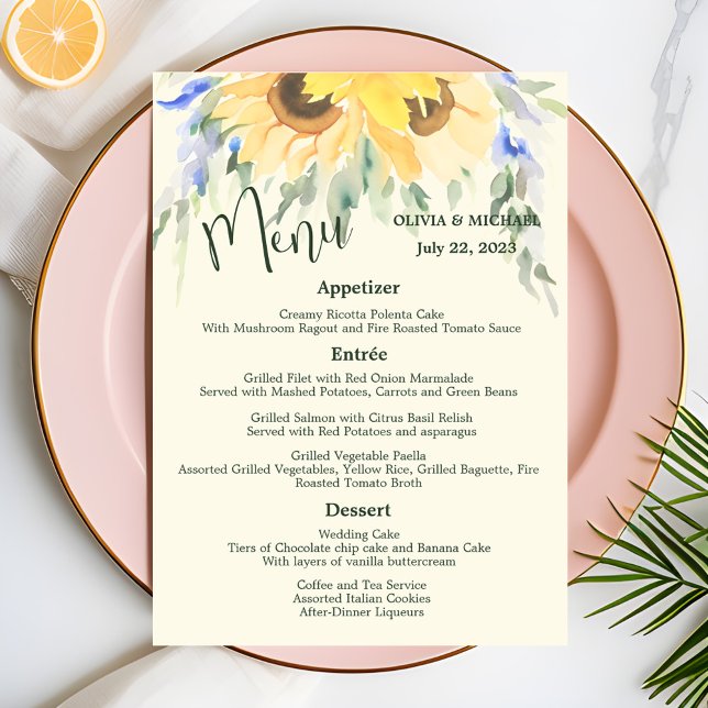 Sunflower Elegant Watercolor Wedding Menu (Creator Uploaded)