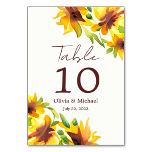 Sunflower Elegant Watercolor Wedding Table Number