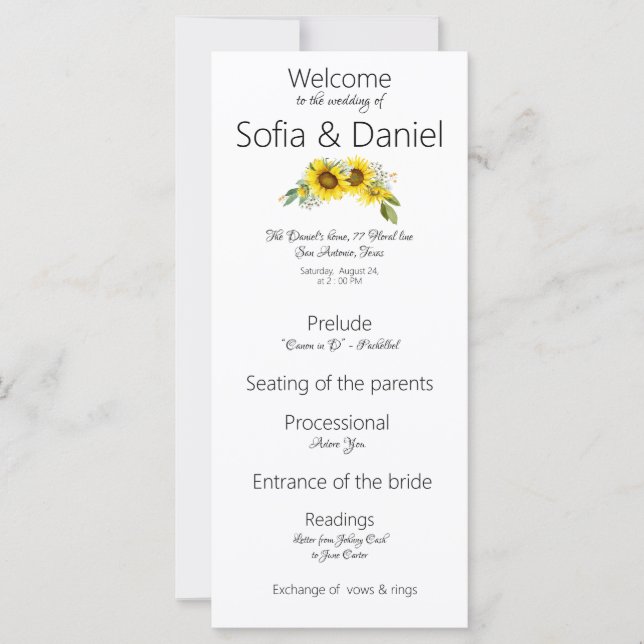 Sunflower elegant wedding program Flat Card (Front)