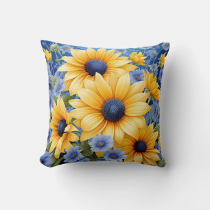 Sunflower Elegant With Soft Blue Wildflowers Cushion