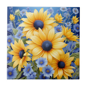 Sunflower Elegant With Soft Blue Wildflowers Tile