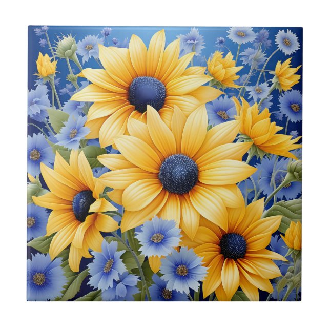 Sunflower Elegant With Soft Blue Wildflowers Tile (Front)