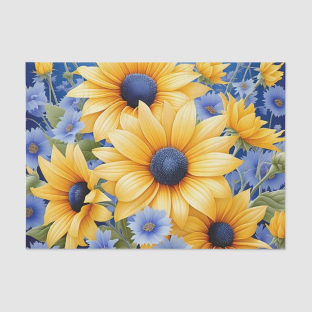 Sunflower Elegant With Soft Blue Wildflowers Tissue Paper (Front)