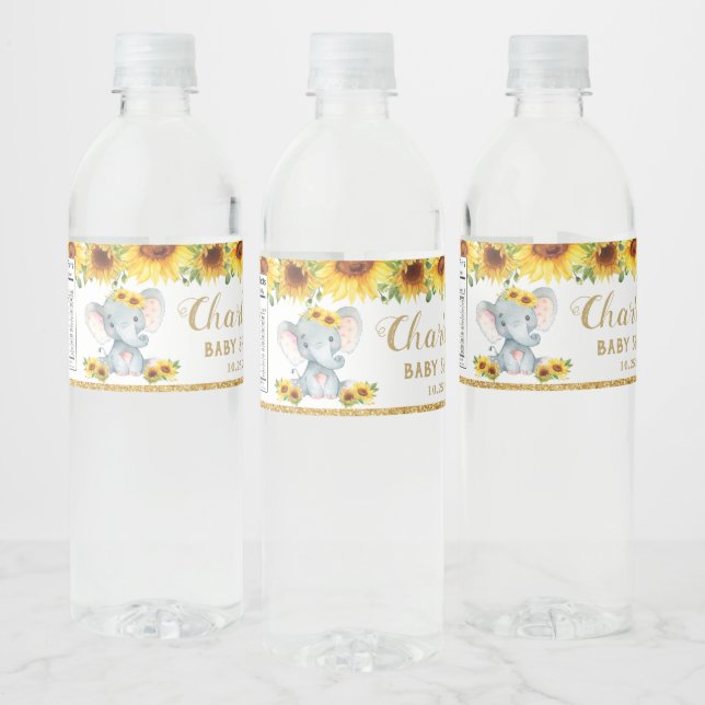 Sunflower Elephant Baby Shower 1st Birthday Favour Water Bottle Label (Bottles)