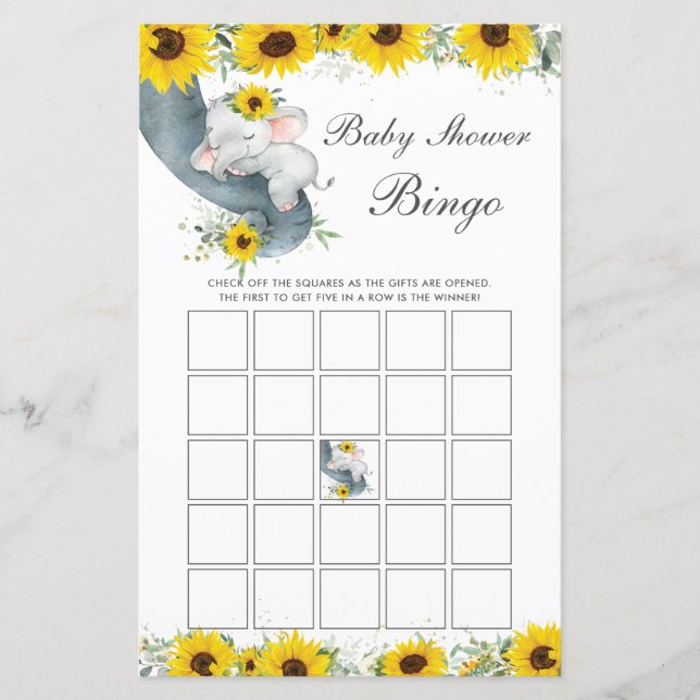 Sunflower Elephant Baby Shower Bingo Game (Front)