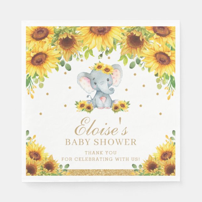 Sunflower Elephant Baby Shower Birthday Party Napkin (Front)
