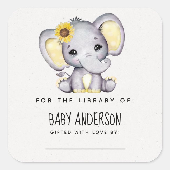 Sunflower Elephant Baby Shower Bookplate  Square Sticker (Front)
