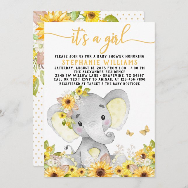 Sunflower Elephant Baby Shower Invitation (Front/Back)