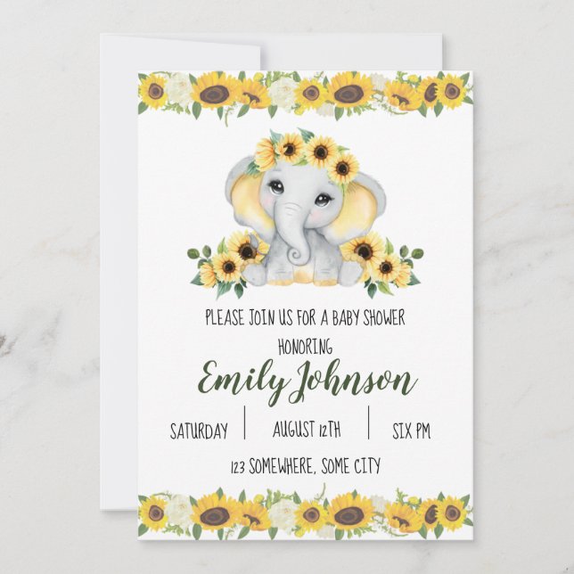 Sunflower Elephant baby Shower Invitation (Front)