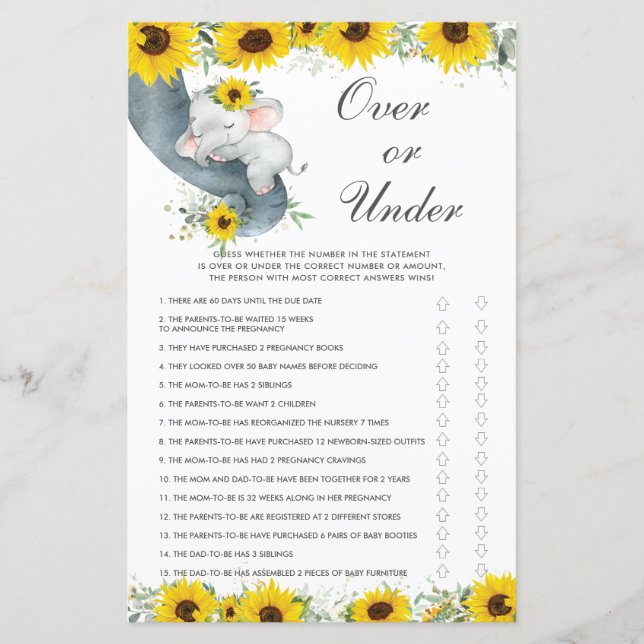 Sunflower Elephant Baby Shower Over or Under Game  (Front)