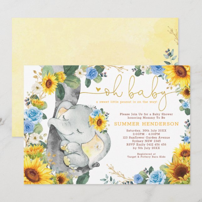 Sunflower Elephant Blue Roses Greenery Baby Shower Invitation (Front/Back)