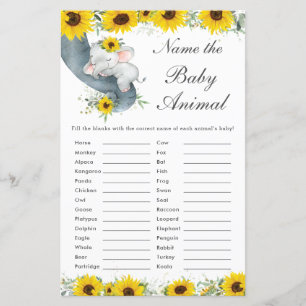Sunflower Elephant Shower Name the Baby Animal 