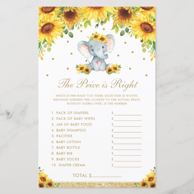 Sunflower Elephant The Price Is Right Shower Game (Front)