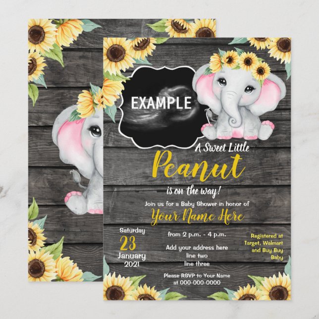 Sunflower Elephant Ultrasound Pic Baby Shower Invi Invitation (Front/Back)