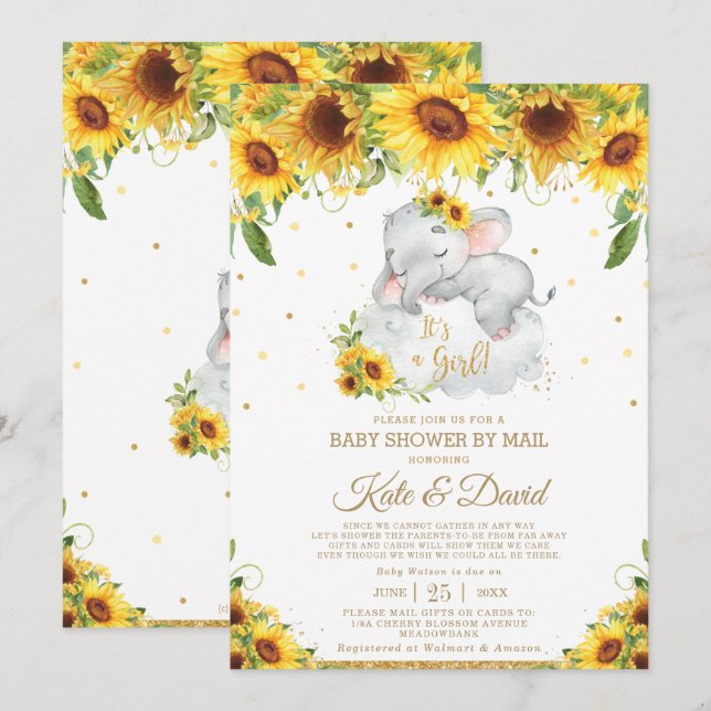 Sunflower Elephant Virtual Baby Shower by Mail Invitation (Front/Back)