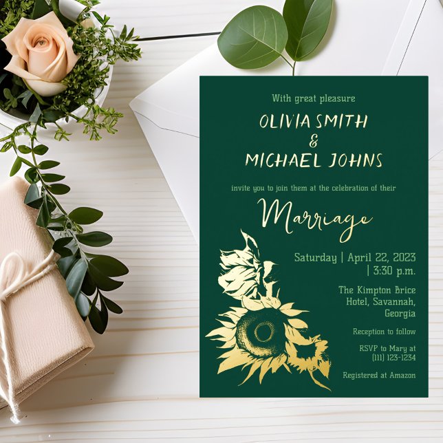 Sunflower Emerald green gold Wedding Invitation (Creator Uploaded)