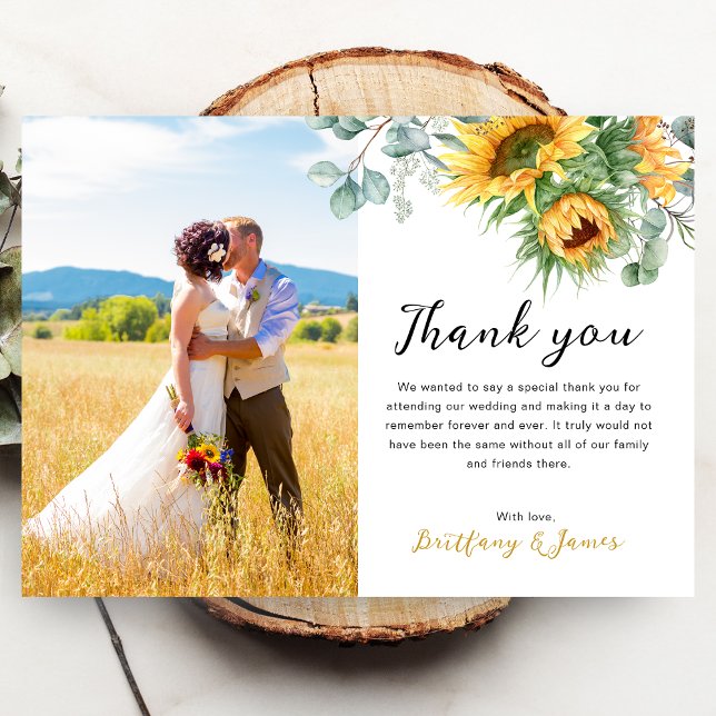 Sunflower Eucalyptus 2 Photos Wedding Thank You Card (Creator Uploaded)